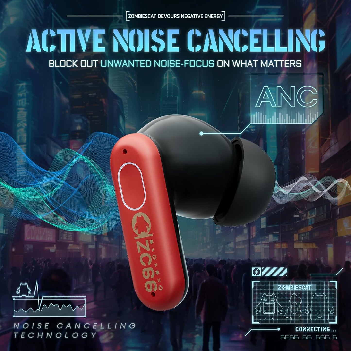 ZOMBIES CAT Sleep Earbuds for Side Sleepers, Sleep Headphones Wireless Bluetooth 5.3 LED Power Display